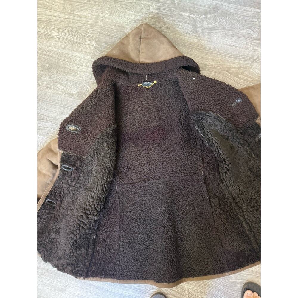 Antartex Women’s Sheepskin Shearling Suede Leather Hooded Coat Brown Vintage M - Picture 9 of 11